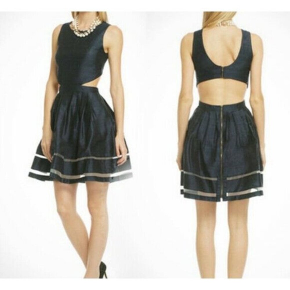 ALLISON PARRIS Dress 12‎ LARGE Navy Blue Fit Flare Mini Ovary Cut out Sheer $600